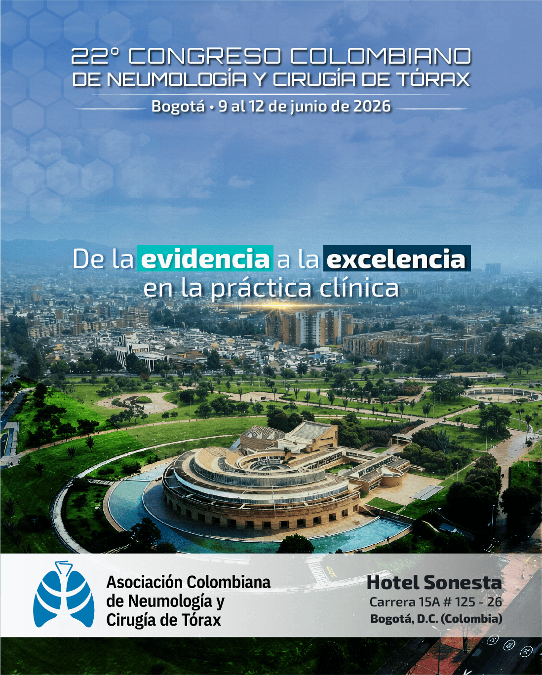Afiche oficial del 22° Congreso Colombiano de Neumología y Cirugía de Tórax en Bogotá, junio 2026.